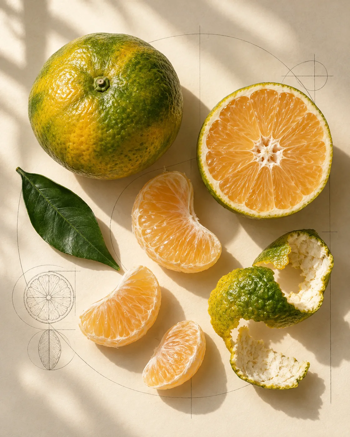 Ilustrasi AI studi buah jeruk: kulit, belahan, daun, dan segmen